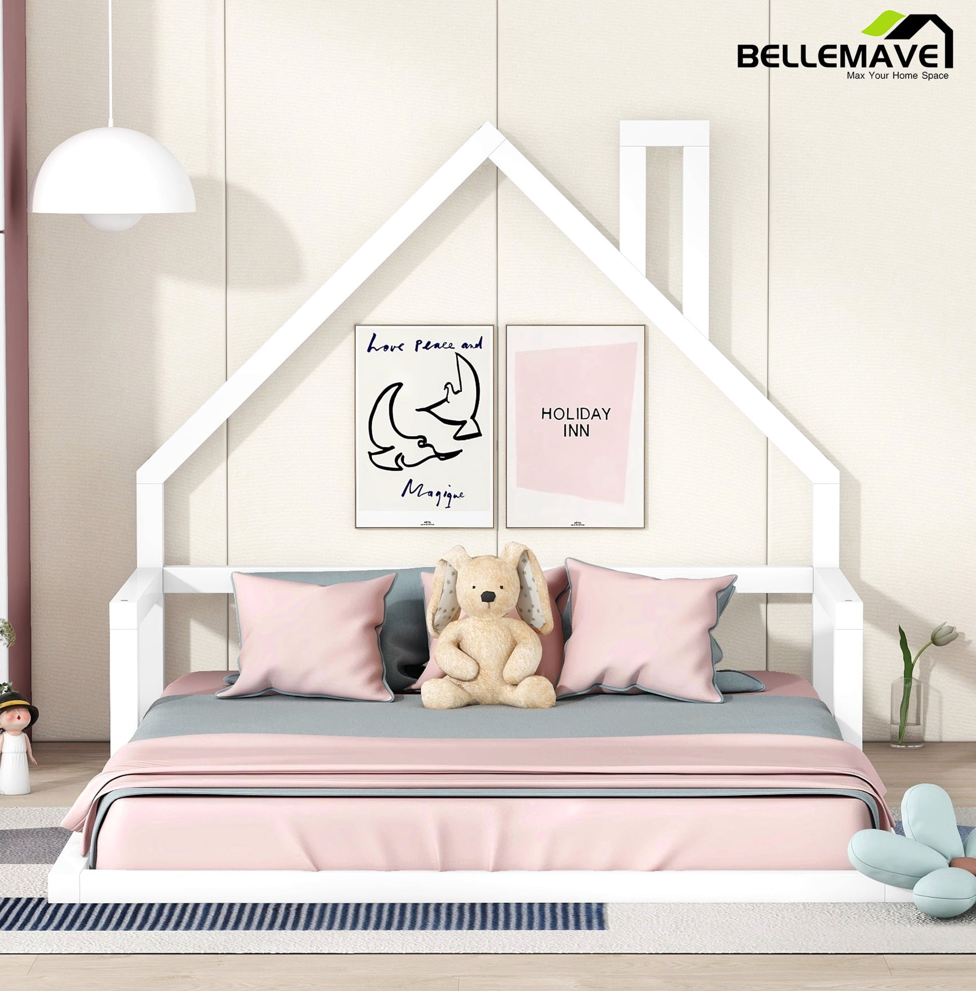 Bellemave Full Size Wood Floor Bed with House-shaped Headboard Montessori Floor Bed with Rails and Wooden Slats No Box Spring Needed, White
