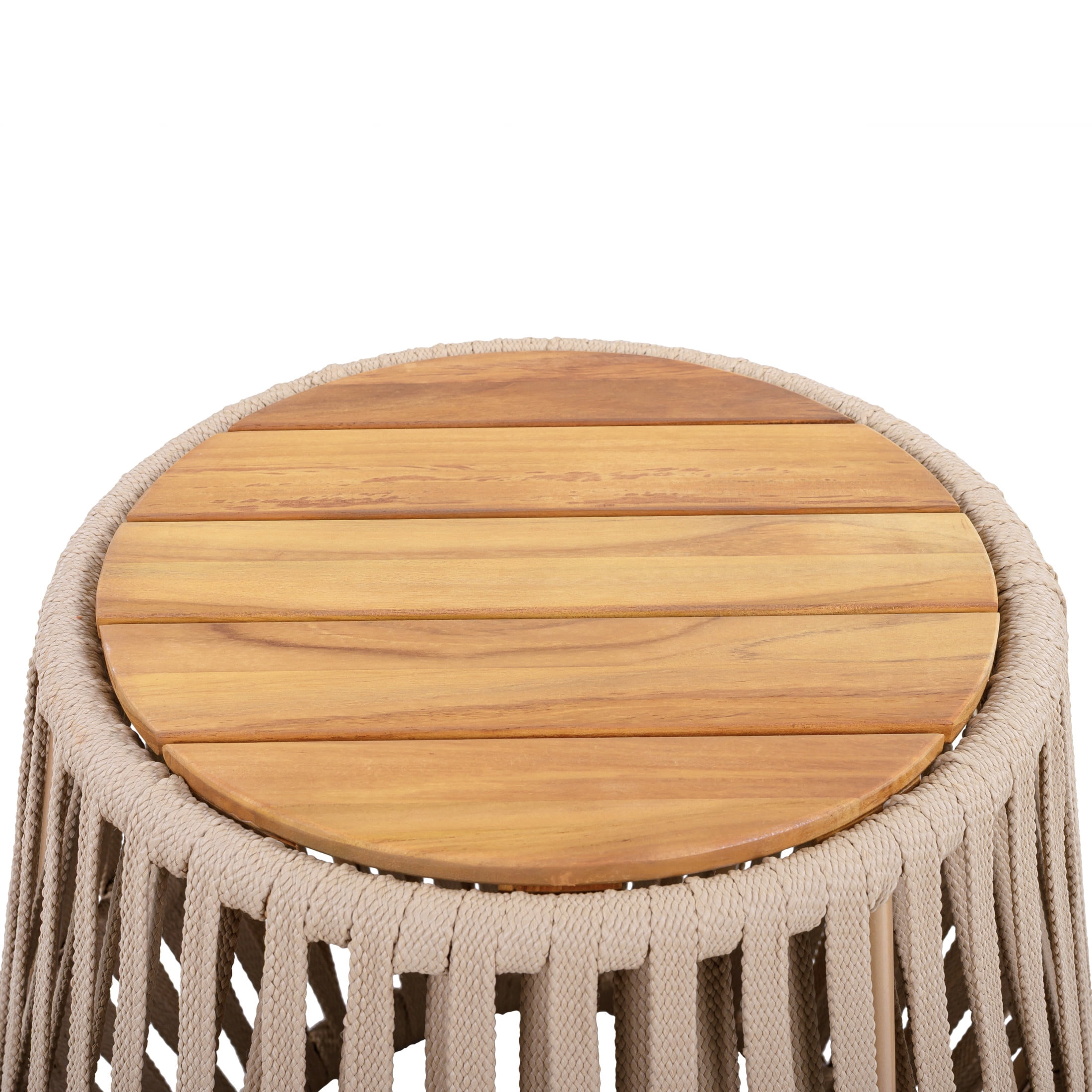 Christopher Knight Home Round Outdoor Acacia Wood Accent Side Table with Beige Rope, Light Teak Finish