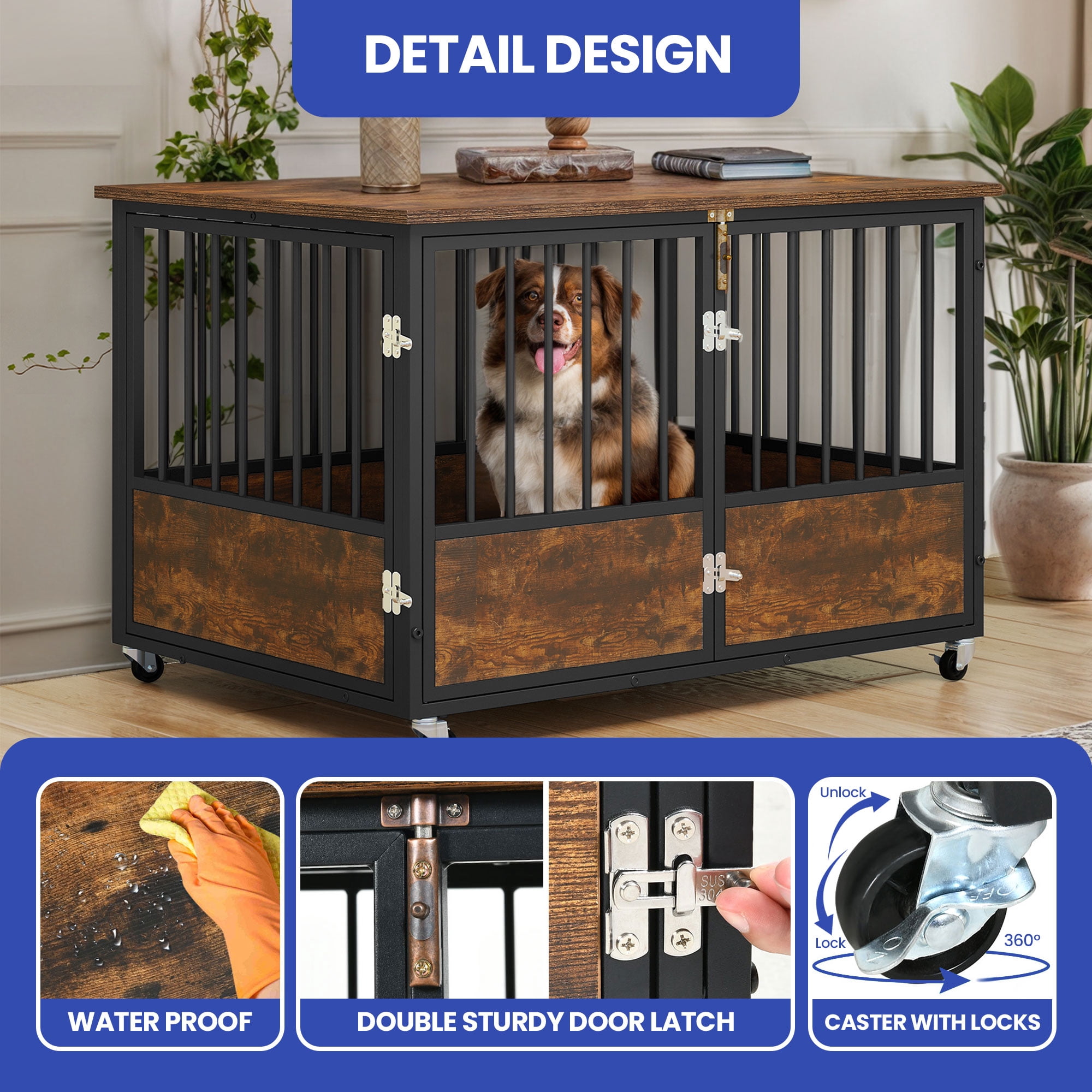ModFusion 43" Metal Dog Crate Furniture Double Door Wheels Indoor Outdoor Kennel
