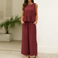 thumbnail image 2 of 2026 ! JINMGG Two Piece Outfits Women, 2026 Fashion Fall 2PC Fashion Woman Round Neck Cotton Linen Solid Sleeveless Cotton Linen Blouse +Loose Pockets Pants Sets Wine L, 2 of 9