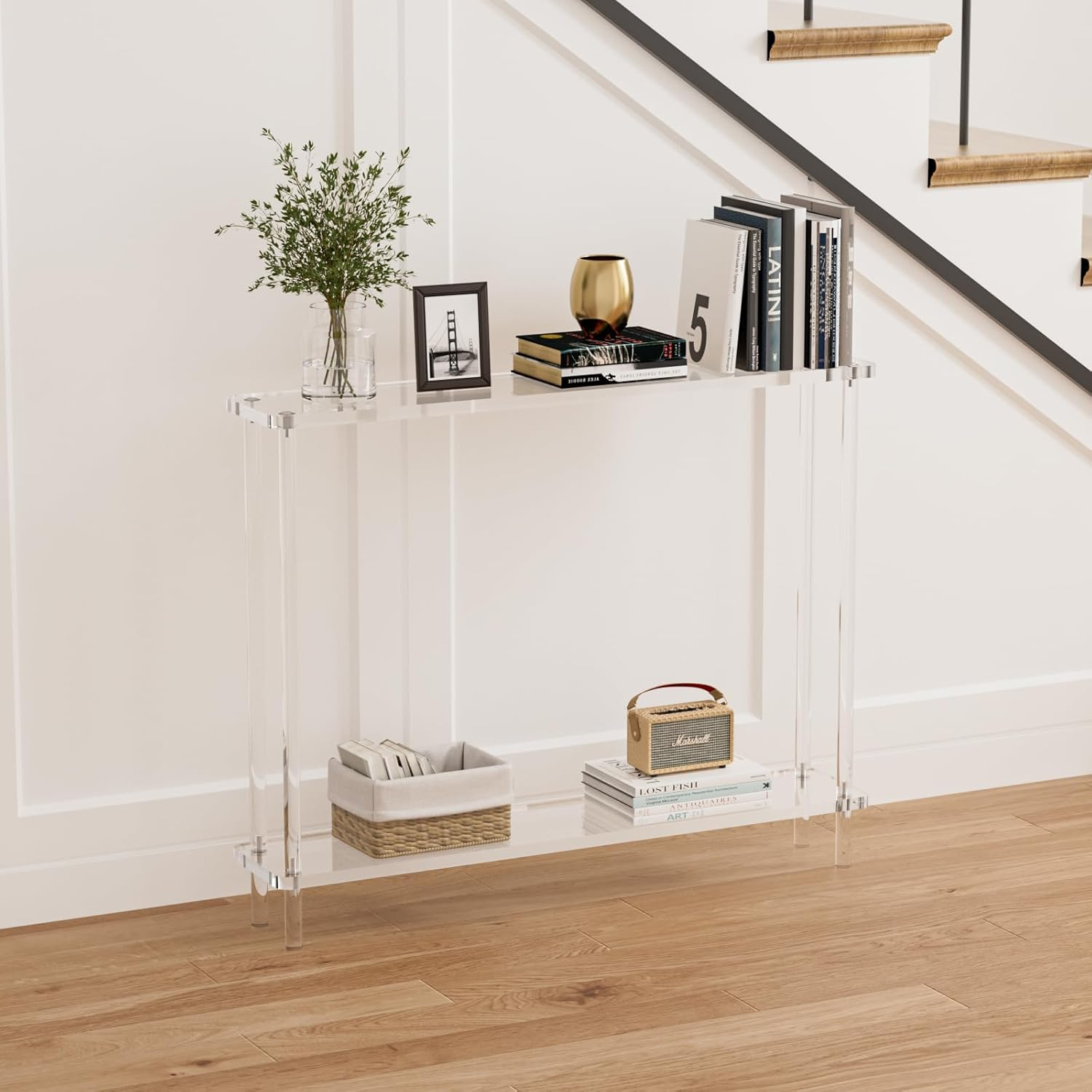 Acrylic Narrow Console Table for Entryway, 7.6" D x 39.4" W x 29.9" H, Square Legs, Skinny Entry Table for Sofa, Foyer, Hallway, Living Room, Modern, 2-Tier, Clear