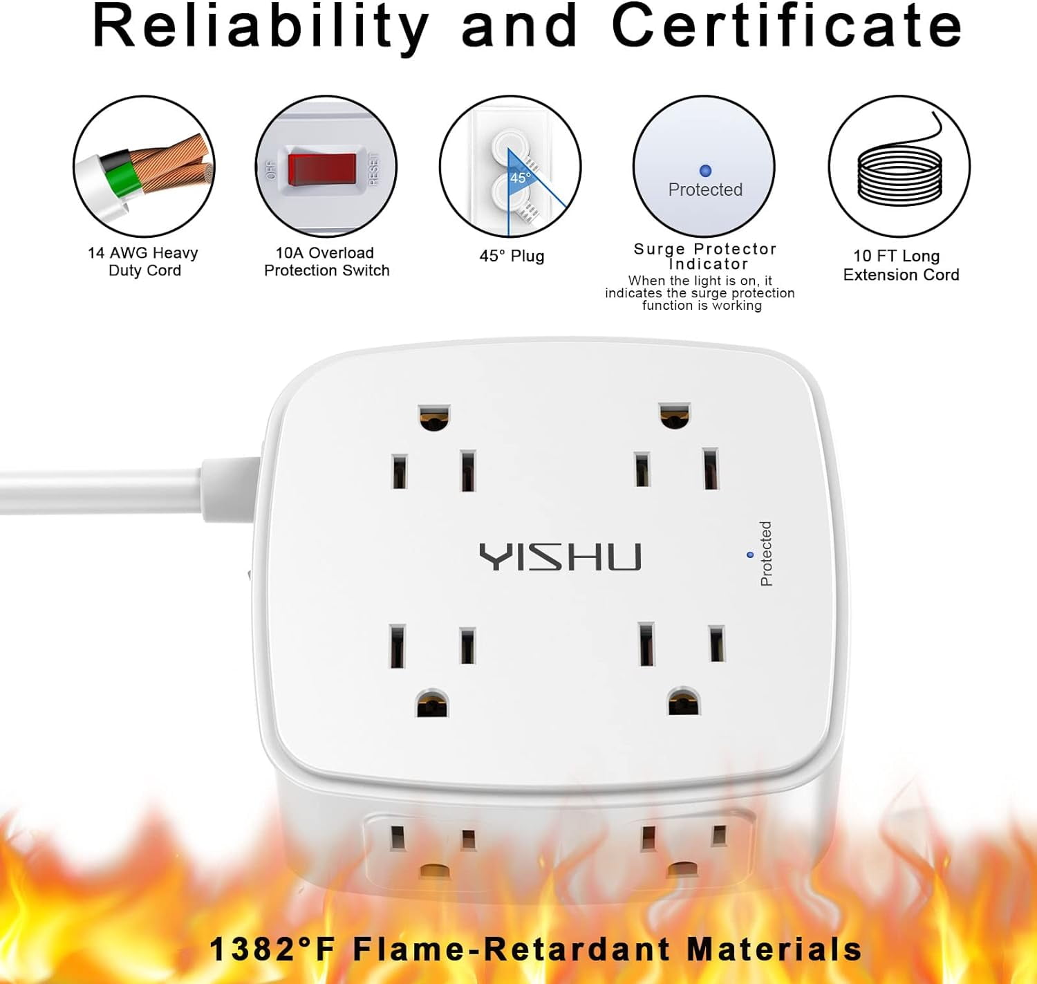 10 Ft Surge Protector Power Strip - General 3 Side Outlet Extender with 8 Widely AC Outlets and 4 USB Ports, 10 Feet Extension Cord with Flat Plug, Wall Mount Desk USB Charging Station, ETL,White