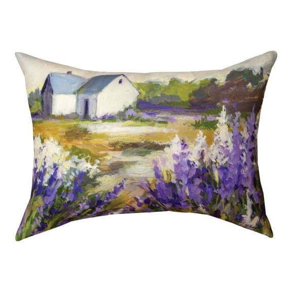 Meadowbrook White Barn Purple Flowers Climaweave Pillow 18"x13" Indoor/Outdoor