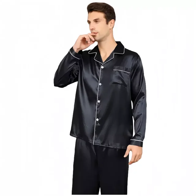 Pijamas Manga Larga Casual Solapa Satén Para Hombre Conjunto