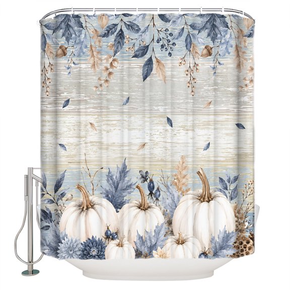 Fall White Pumpkin Bathroom Shower Curtains with 12 Hooks Waterproof Shower Curtain for Stalls and Bathtubs Autumn Thanksgiving Blue Leaves Farmhouse Decorative Bathroom Curtain 72x72 Inches