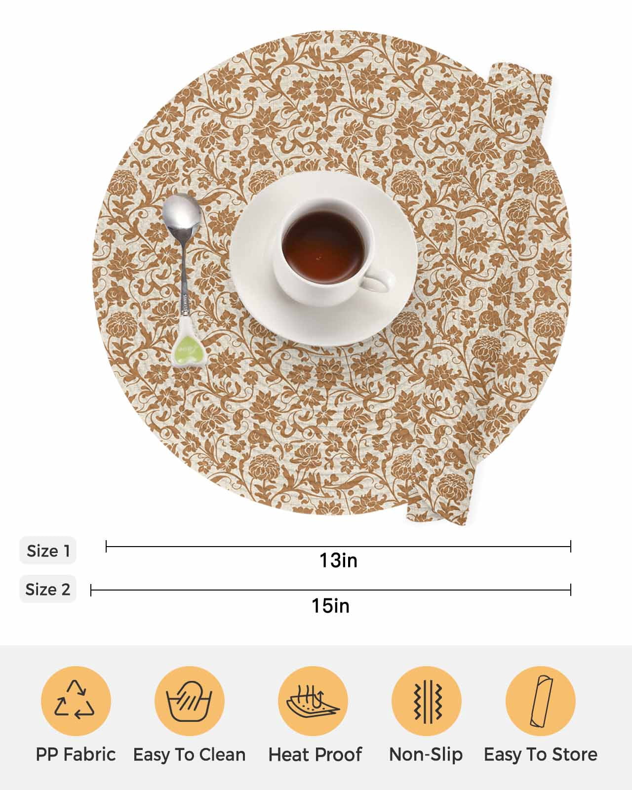 13 Inch Round Placemats Set of 4, Brown Floral Non Slip Heat Insulation PP Table Mats, Vintage Rustic Flowers Botanical Spring Washable Place Mats for Kitchen Dining Party Table Decor