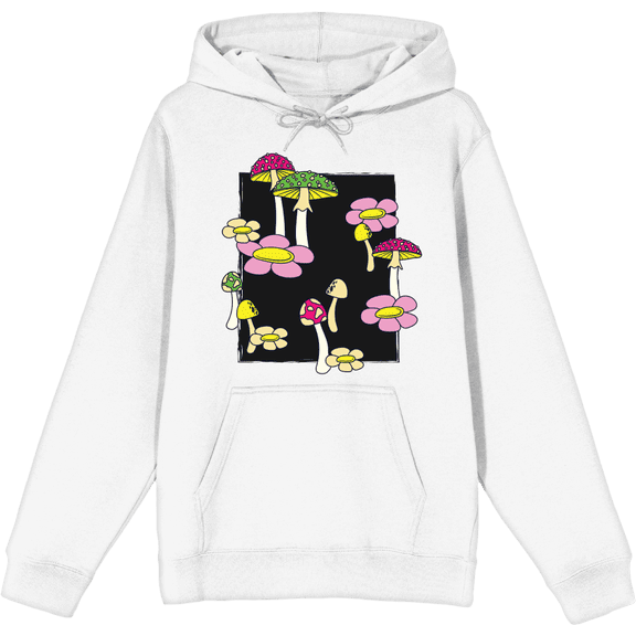 Mushrooms & Flowers Adult White Long Sleeve Hoodie-Medium