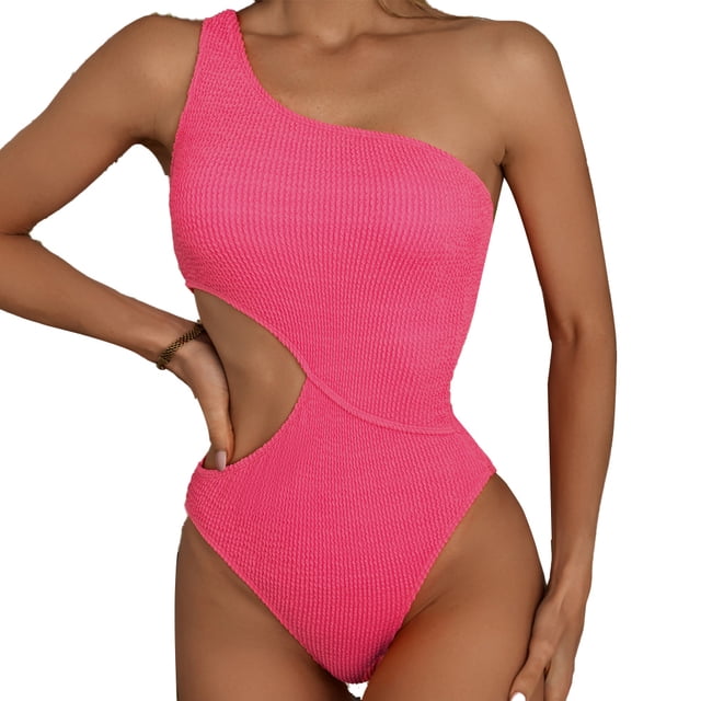 Traje de baño de una pieza rosa recortado para mujer Traje de baño de un hombro Trajes de baño Monokini acanalados