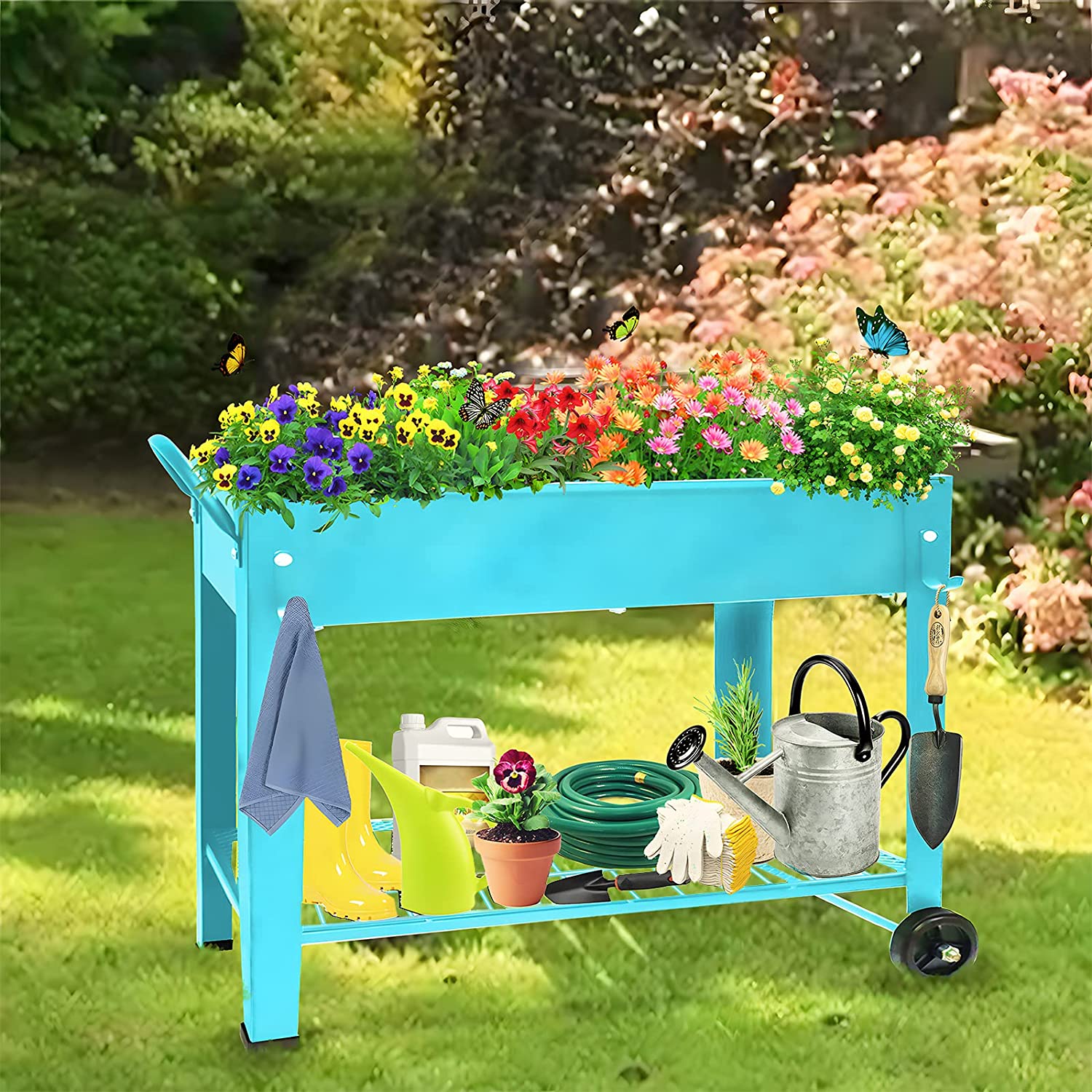 Aboxoo Fioriera Rialzata Con Gambe Su Ruote - Grigio Scuro - 254x68,6x203 Cm - Letto Da Giardinaggio In Acciaio Zincato Con Ripiano Inferiore E Manico Curvo