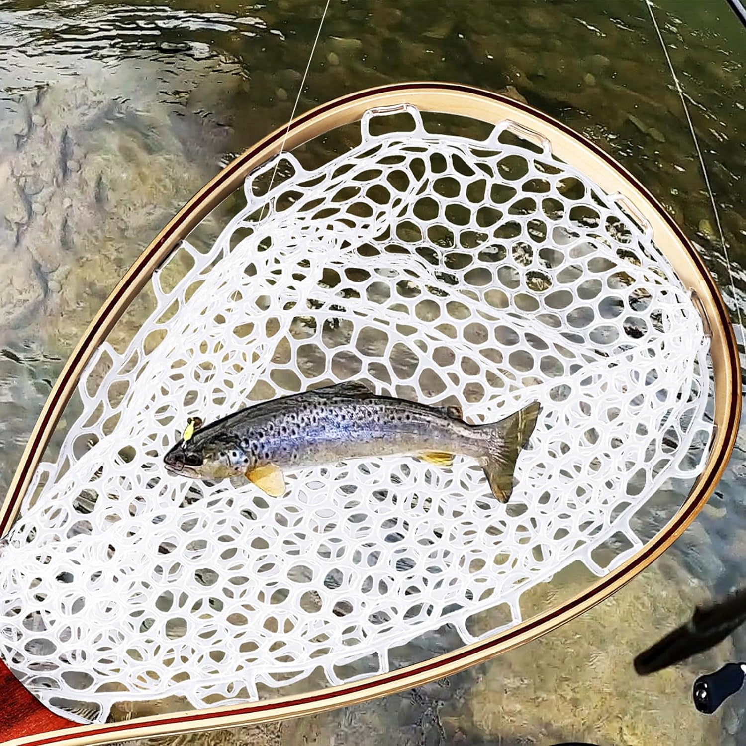 ATENOW Fly Fishing Landing Net Trout Fishing Net, Soft Rubber Catch and Release Fish Net with Wooden Handle Frame, 61.2*27.3*1.8cm