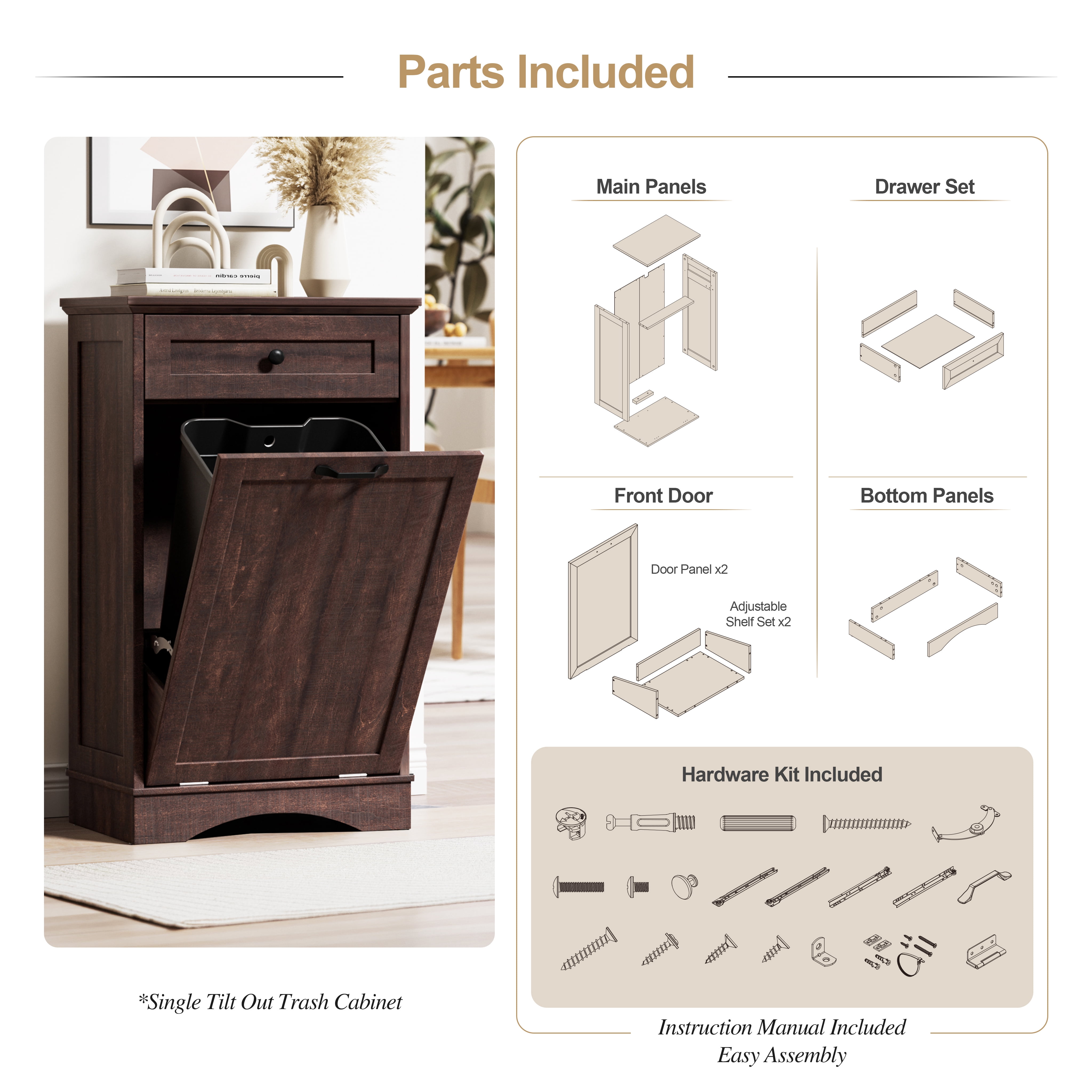 AHB 13 Gallon Tilt Out Kitchen Trash Cabinet with Drawer, Single Trash Can Storage Organizer, 20.9"L x 13.55"W x 38.5"H , Brown