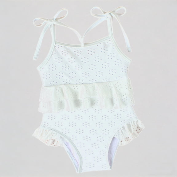 Daznico Eyelet Ruffle Baby Girls One Piece Swimsuit, Tie Shoulder Sleeveless Toddler Bathing Suit,2-3 Years