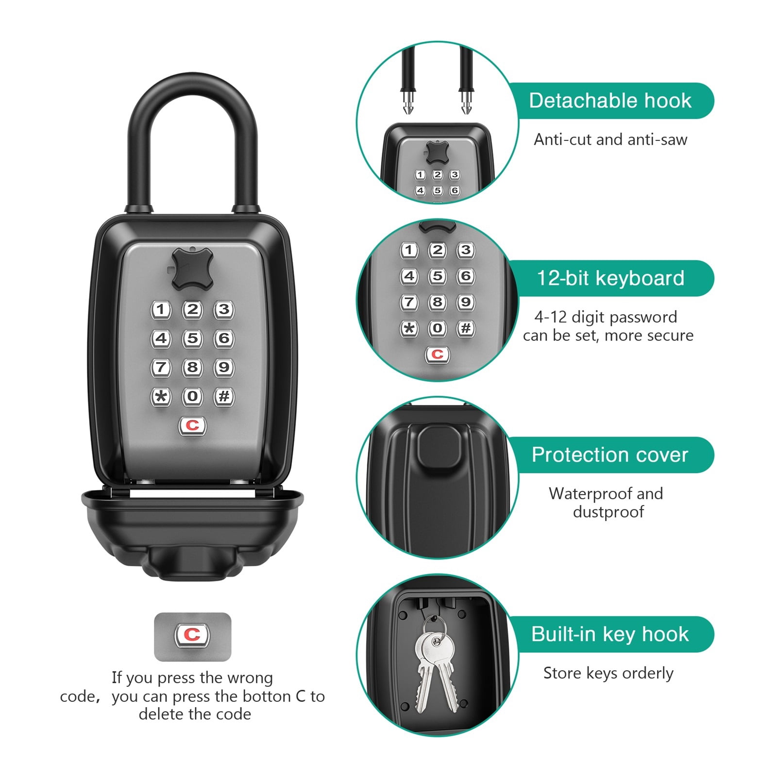 Key Safety Box 9-Digit Push-Button Combination Lock Outdoor Key Storage Box Resettable Code Key Box Waterproof Safe Deposit