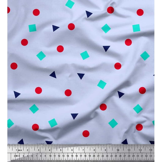Soimoi Japan Crepe Satin Fabric Square,Dot & Triangle Geometric Print Fabric by The Yard 42 Inch Wide