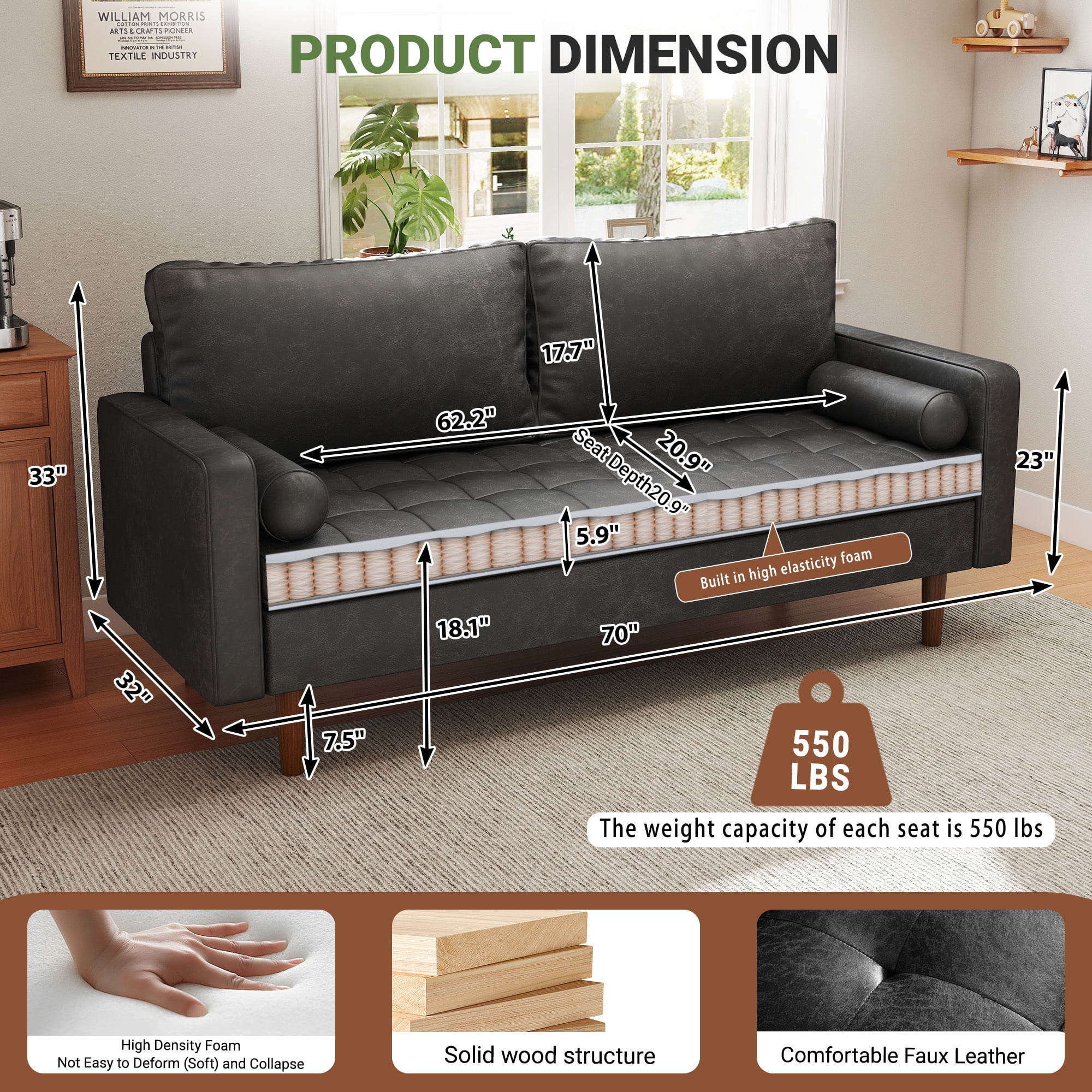 Koby Home 70" Loveseat Sofa with Wood Frame, Mid Century Modern Couch 2 Seater, Faux Leather Love Seat for Small Spaces Charcoal Black