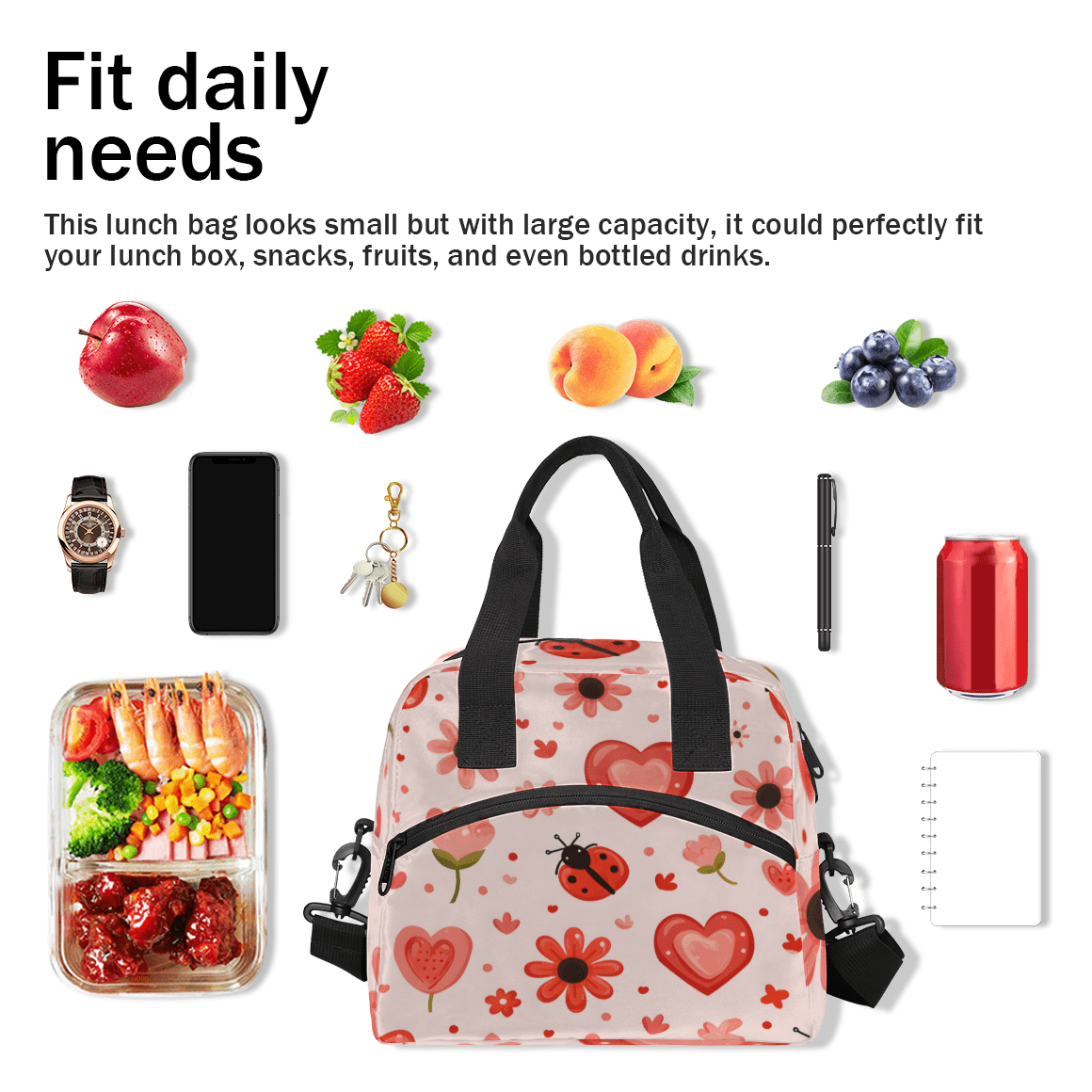 Herdesigns Cute Ladybugs Insulated Lunch Bag for Women Men Adults Large Reusable Lunch Box Flower Ladybugs Leakproof Cooler Tote Bags with Adjustable Shoulder Strap