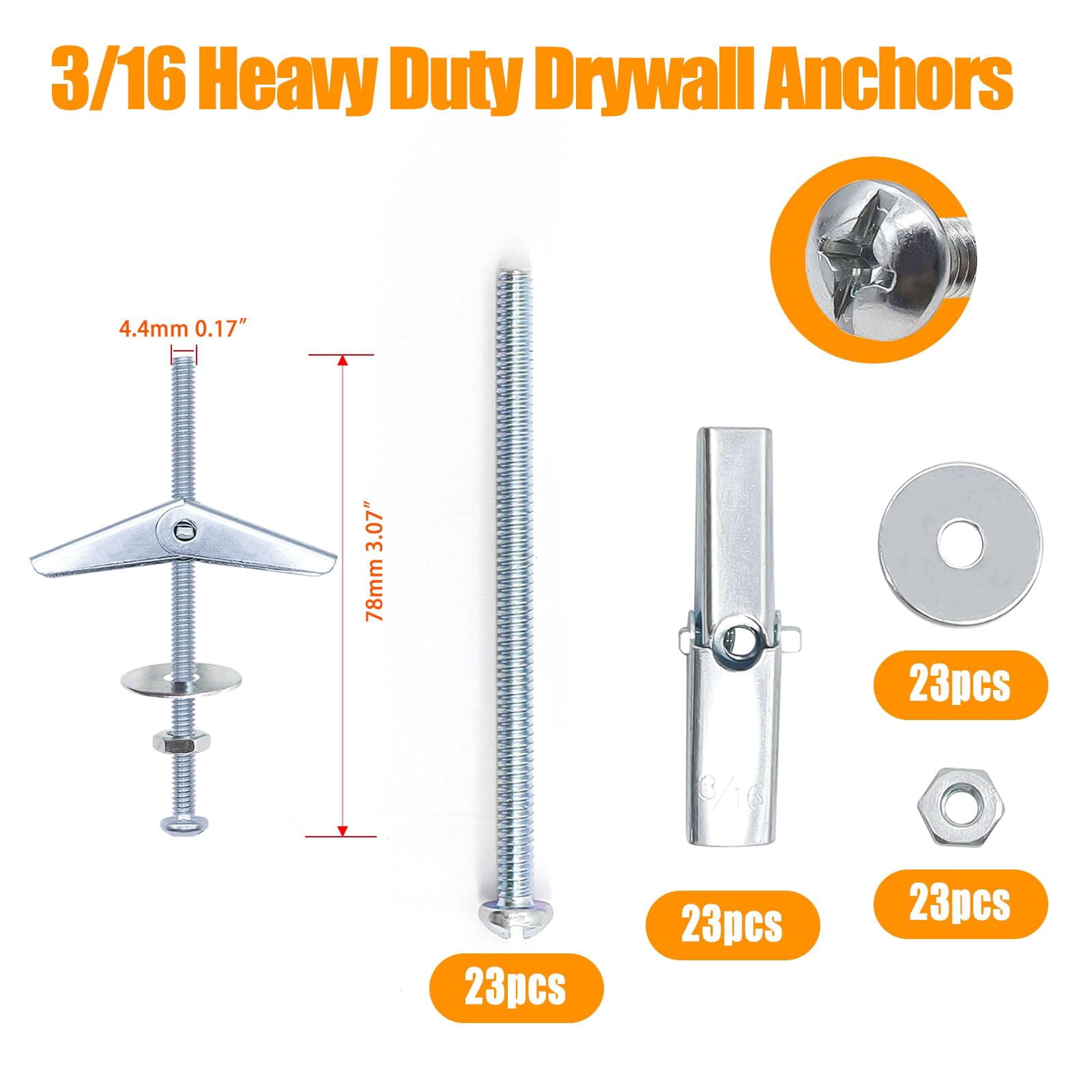 100Pcs Toggle Bolts 1/8" 3/16" 1/4" Heavy Duty Drywall Anchors and Screws Assortment Set Toggle Bolts and Wing Nut Kit with Nuts washers (25sets) K-136