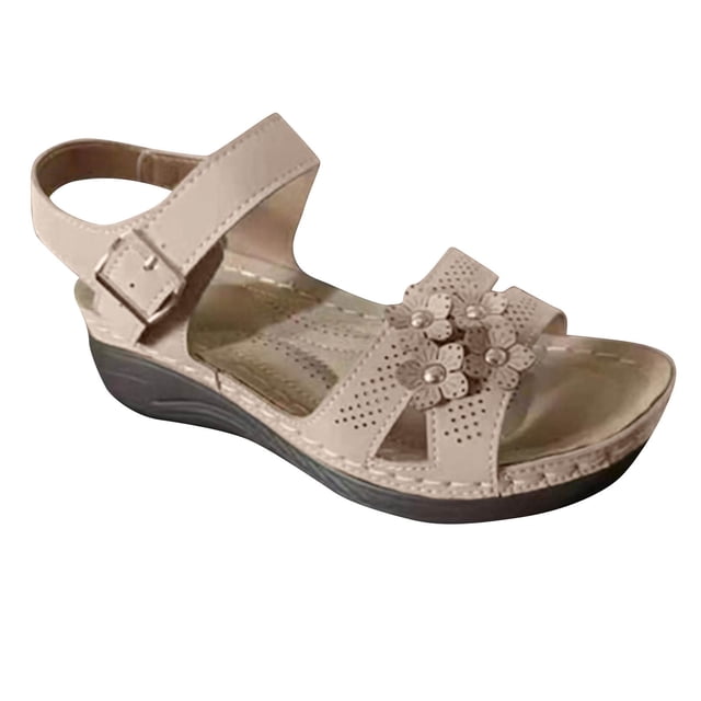 Hyknon Sandals for Women Summer New Foreign Trade Large Size Wedge With Fish Mouth Solid Color Large Size One Line Buckle Beach Sandals Arch Support Comfortable Sandals