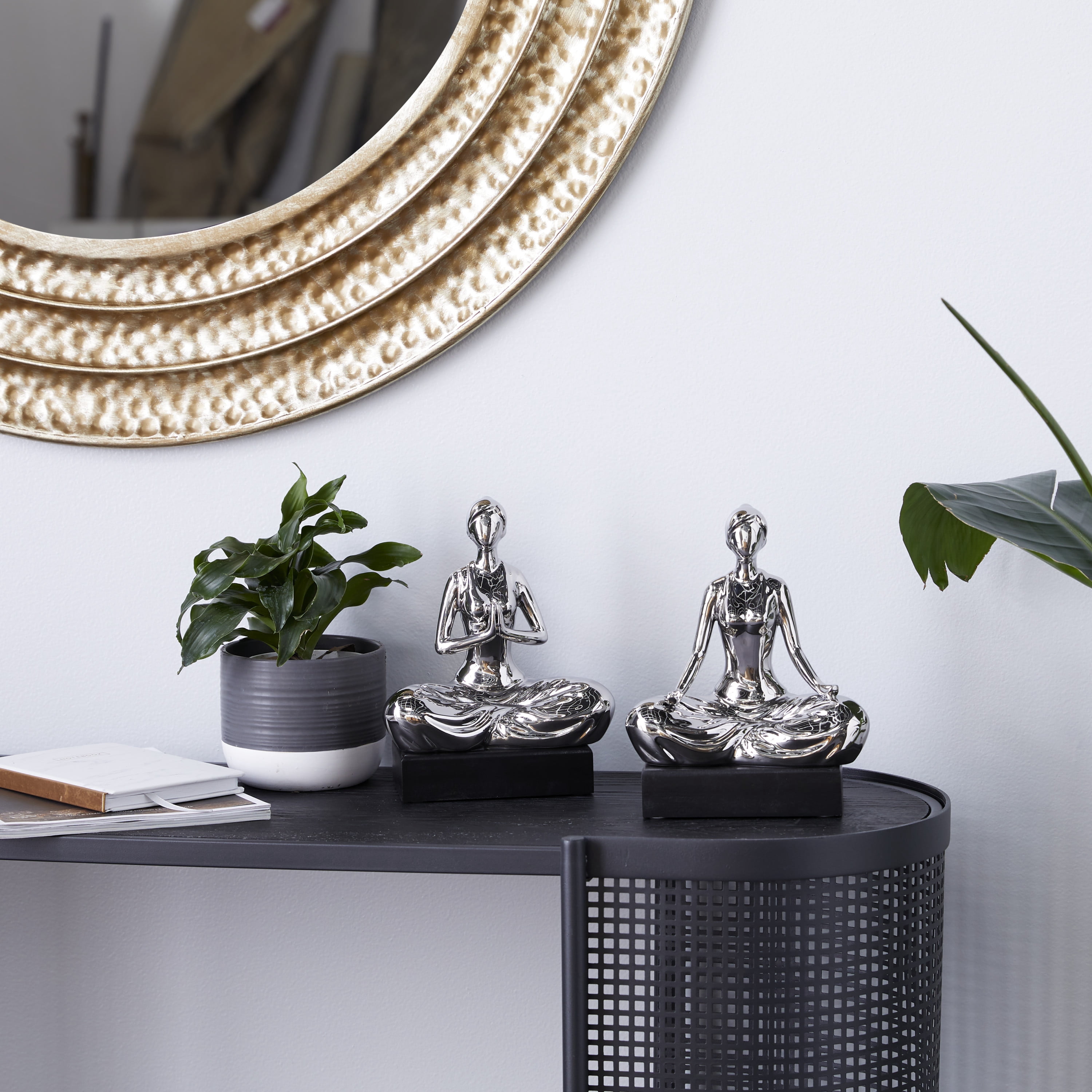 7"W, 9"H Silver Polystone Yoga Sculpture, by DecMode (2 Count)