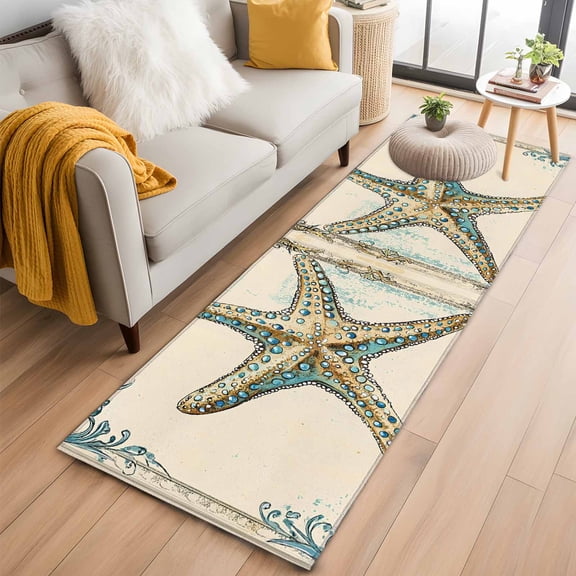 Blue Beige Starfish Kitchen Runner Rug 2x6 Washable Runners for Hallway Non Slip Coastal Vintage Ocean Floral Large Area Rug Indoor Floor Carpet for Bathroom Laundry Entryway Bedroom Living Room