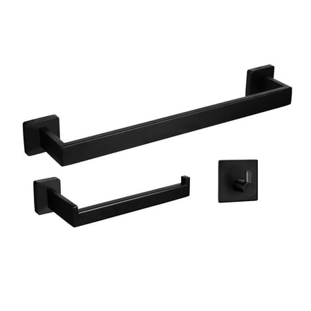 

Bathroom Hardware Set 3-Piece Matte Black Square Bath Accessories Set Wall Mount Includes 16 Towel Bar Toilet Paper Holder 1 Hook SUS304 Stainless Steel Heavy Duty
