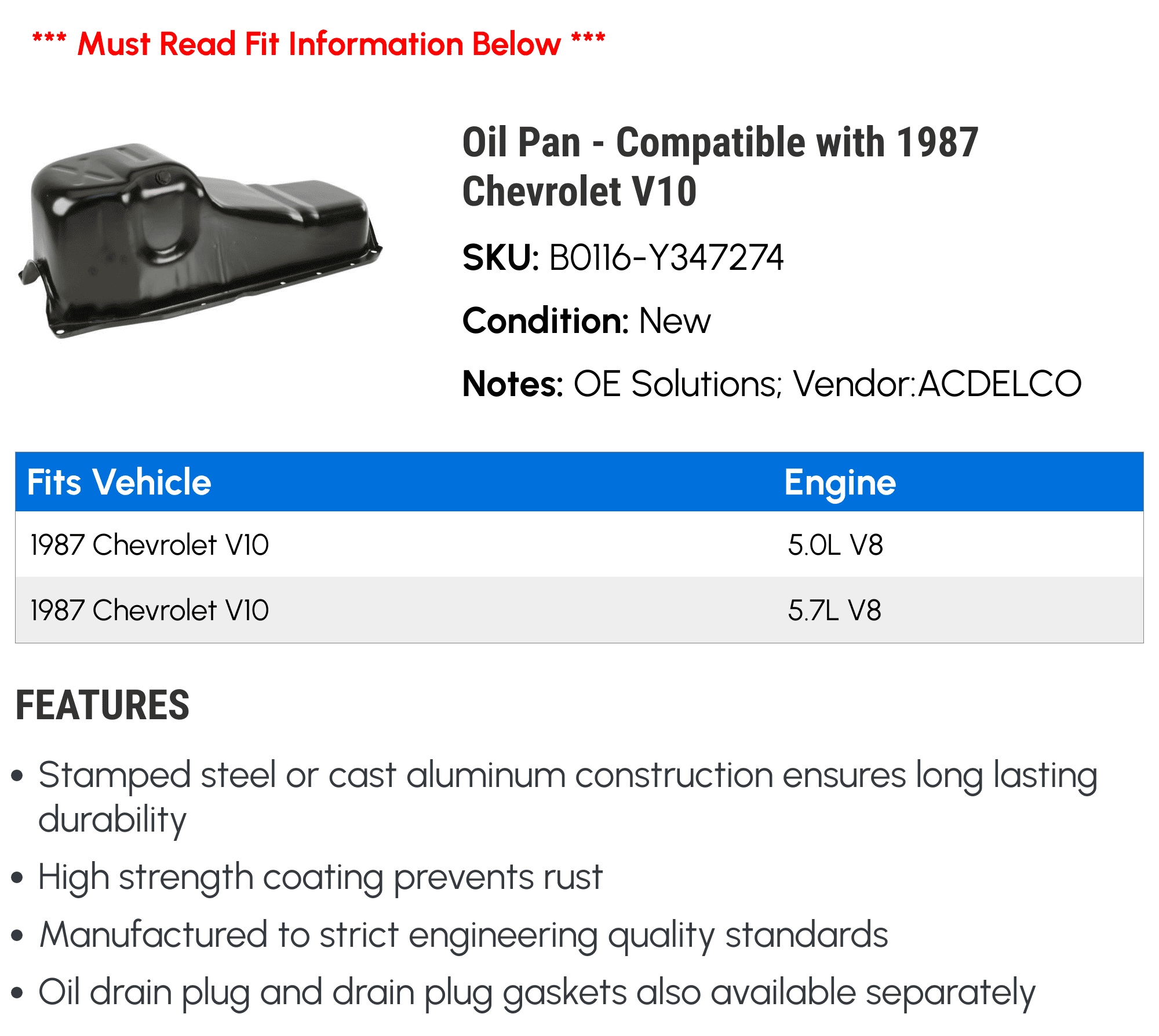 Oil Pan - Compatible with 1987 Chevrolet V10 - Dorman