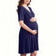 thumbnail image 2 of Annhoo Maternity Dress Short Sleeve V Neck Pleated Waist Knee Length Flowy Gowns Fall Casual Pregnancy Dress, 2 of 7