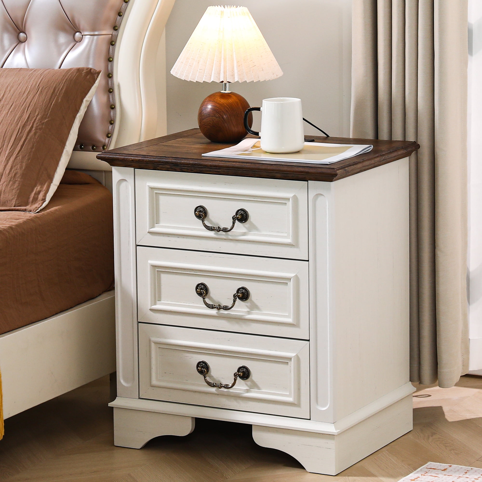 FIAKOA Farmhouse 3 Drawer Nightstand set of 2 for Bedroom, Rustic Bedside Table for Livingroom, White