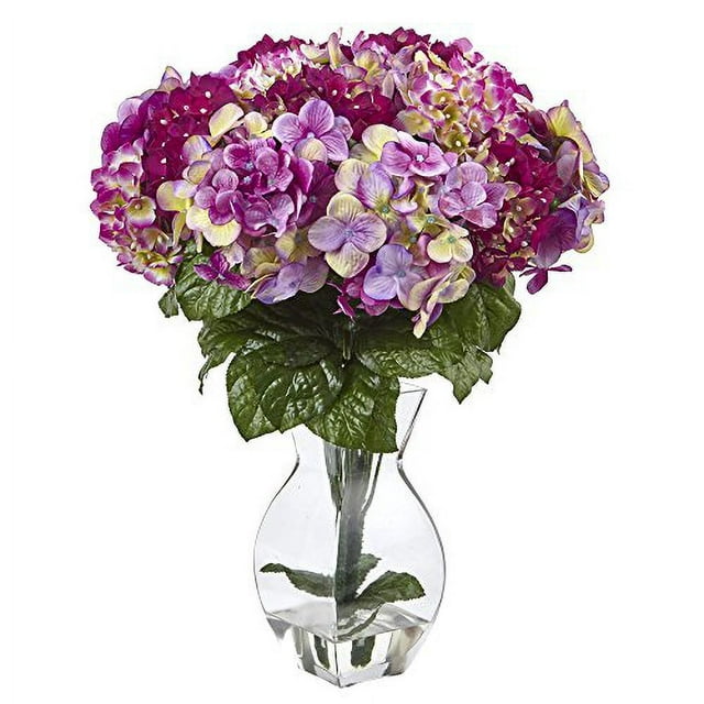 Nearly Natural 1368-BU Beauty Hydrangea with Teardrop Glass Vase,Pink