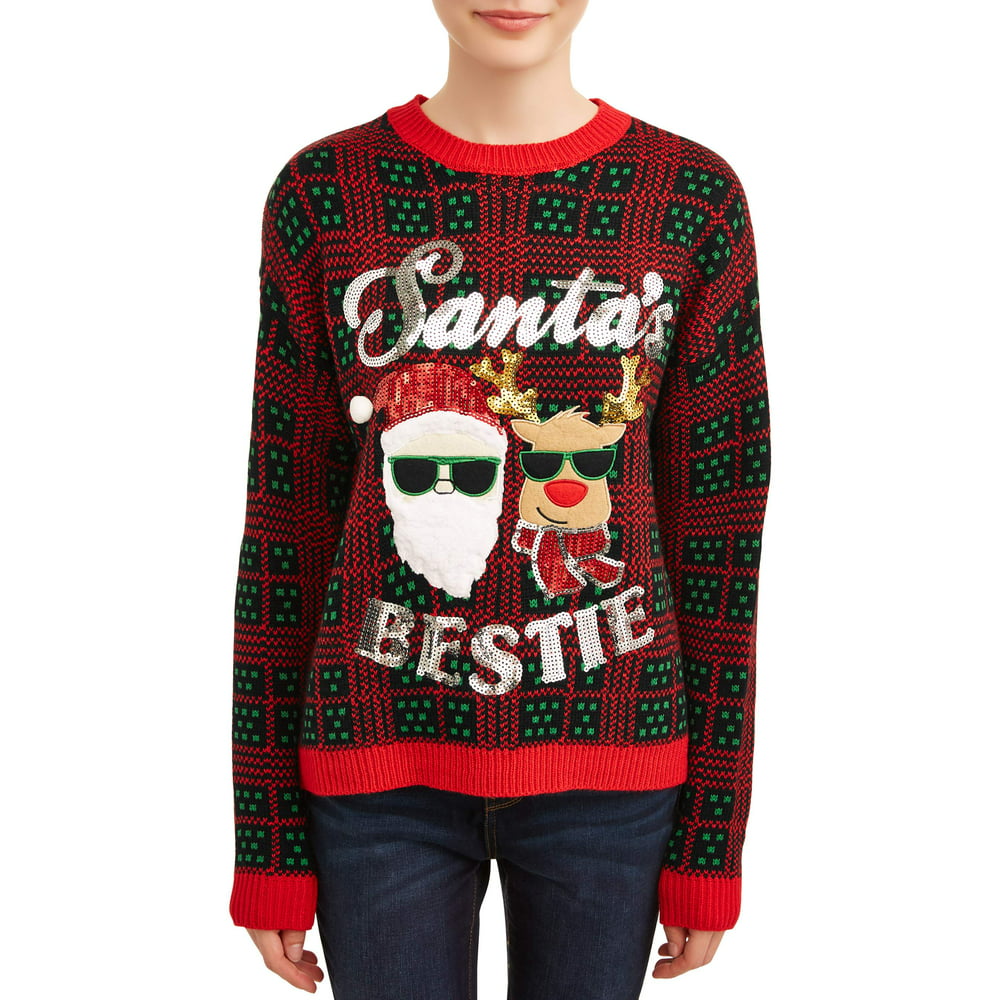 No Boundaries - No Boundaries Juniors' Santa's Bestie Christmas Sweater ...