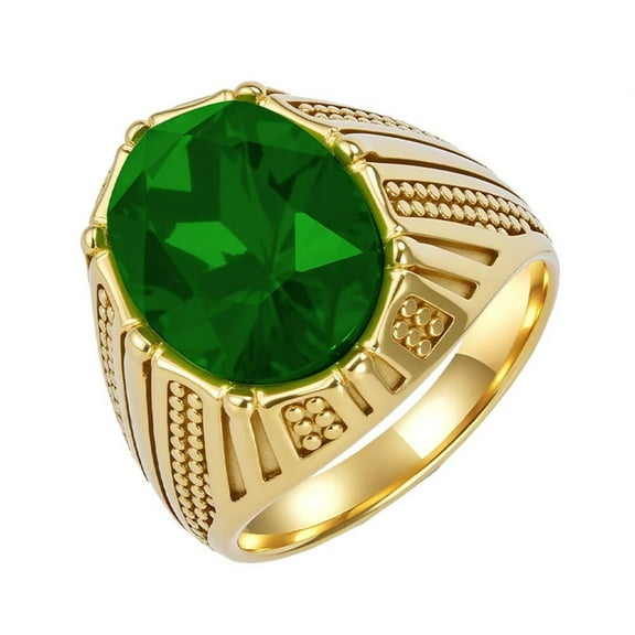 HIJONES Men's STAINLESS STEEL Rhinestone Cut Glass Gemstone Zircon Engraved Band Engagement Ring Crystal Style Gold Green Stone Size 12