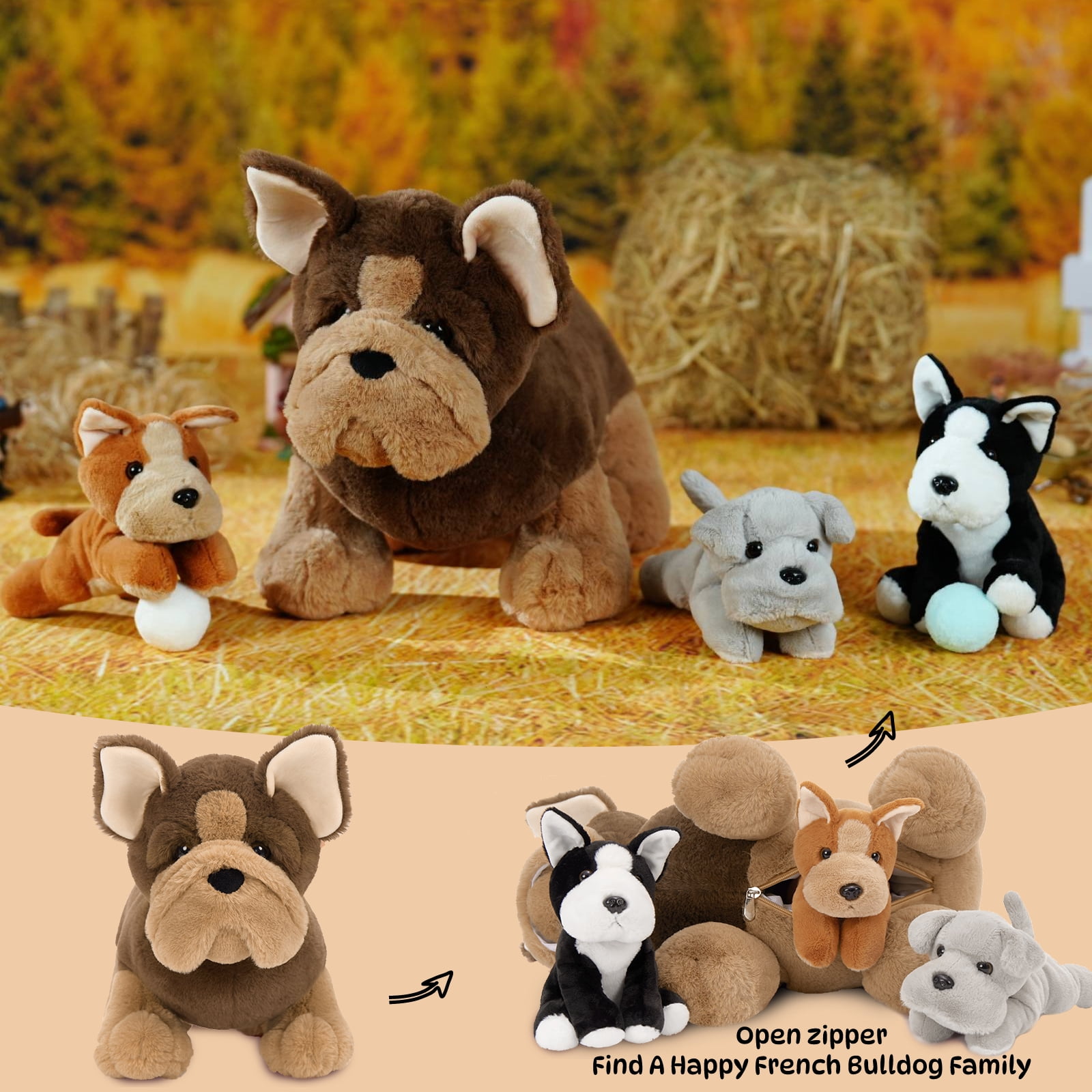 MorisMos 18" Bulldog Stuffed Animal Mommy Dog with 3 Baby Plush Toys