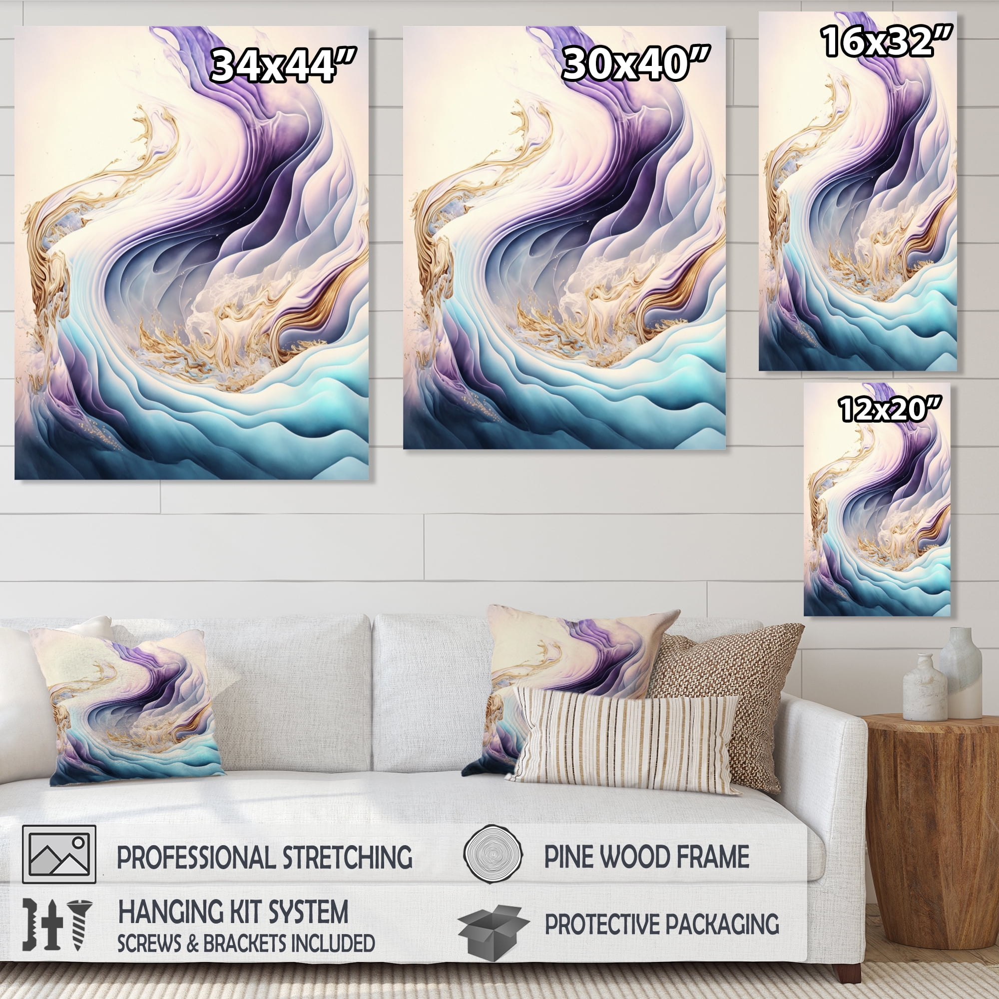 Designart Blue, Gold And Purple Abstract Waves III Canvas Wall Art