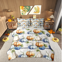 Manfei Orange Blue Pumpkin Child Bedding Comforter Set 7pcs, Rustic Farmhouse Queen Bedding Sets, Happy Fall Harvest Reversible Queen Sheet Sets, Microfiber Bedroom Decor