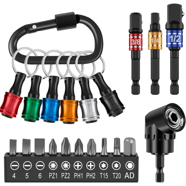 20Pcs Flexible Drill Bit Extension Hex Shank 105° Right Angle Drill Attachment 1/4 3/8 1/2" Hex Shank Impact Driver Socket Adapter Rotatable Socket Bit Holder Keychain Set for Fine Finish (E)