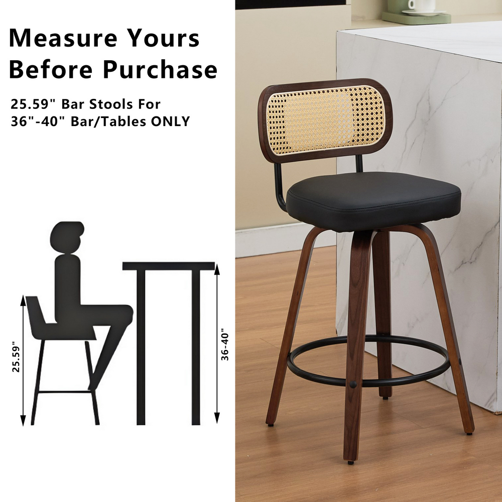 thumbnail image 3 of Bocarali 26 in. Swivel Counter Height Bar Stools Set of 4, Faux Leather Upholstered Bar Chairs with Rattan Back, Mid-Century Modern Counter Stools with Walnut Bentwood Leg for Kitchen Island, Black, 3 of 6