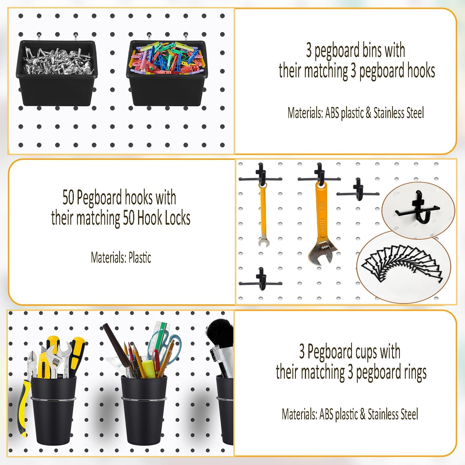 6-Pack Steel Pegboard with 106 Hooks Bins & Locks - Complete Wall Organization Kit 12x12 Inch