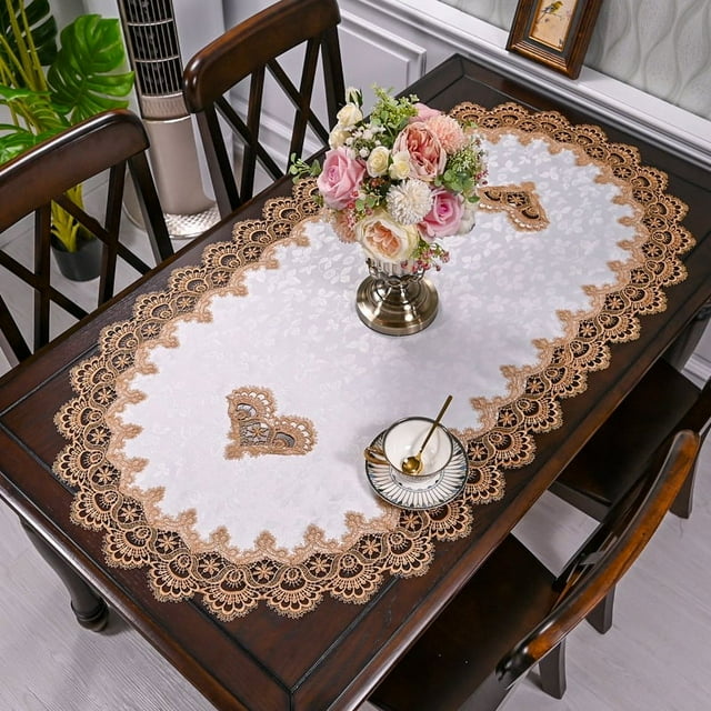 CNKOO Embroidered Tablecloth Lace Table Runner Oval Coffee Table Runner Table Centerpiece Doily Placemat Nightstand Dresser Scarf