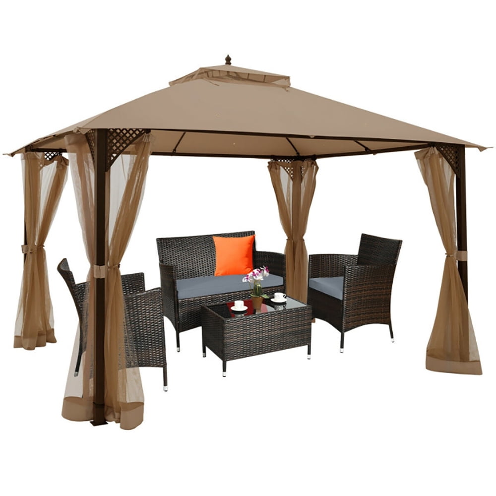 Aimee Lii 12 x 10 Feet Outdoor Double Top Patio Gazebo with Netting, Backyard Canopy Gazebo, Brown