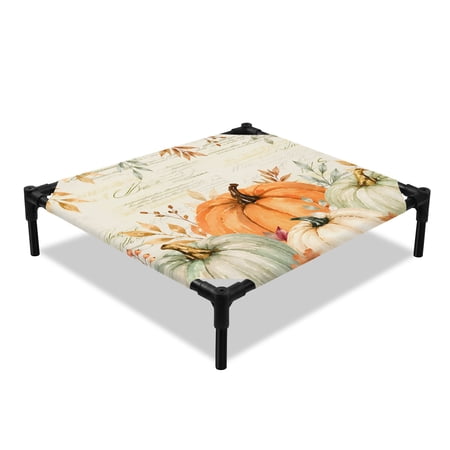 Thanksgiving Fall Elevated Dog Bed Rustic Farmhouse Orange Pumpkin Leaf Paper Texture Cooling Breathable Outdoor Raised Dog Cot Bed with Metal Frame Non-Slip Feet for Small Dog 20x20in