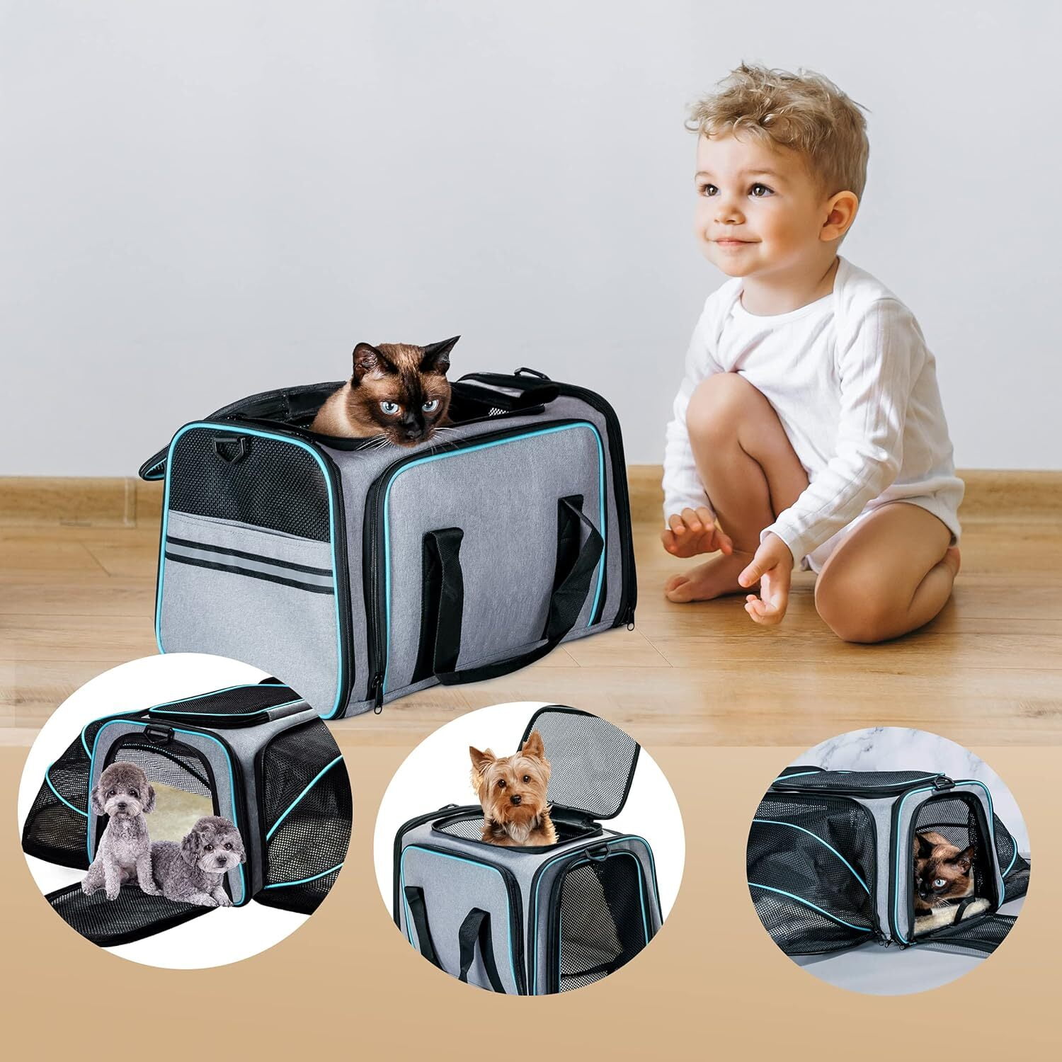 RUseeN Large Cat Dog Carrier - Airline Approved 4 Side Expandable Soft-Sided Pet Carrier with Removable Fleece Pad and Pockets, Cat Carrier Large for 2 Cats/Puppy and Small Animals