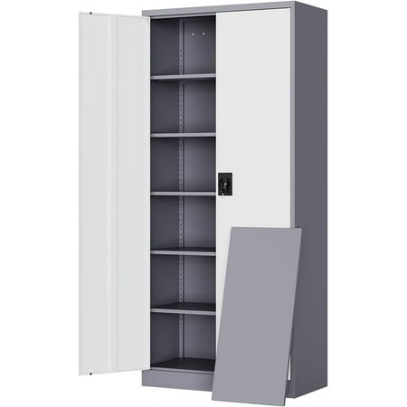 Yizosh Metal Garage Storage Cabinet with Lock, 71" Locking Tool Cabinet with 2 Doors and 5 Shelves, Tall Steel Cabinet for Garage, Heavy Duty File Cabinet for Office, School (Gray