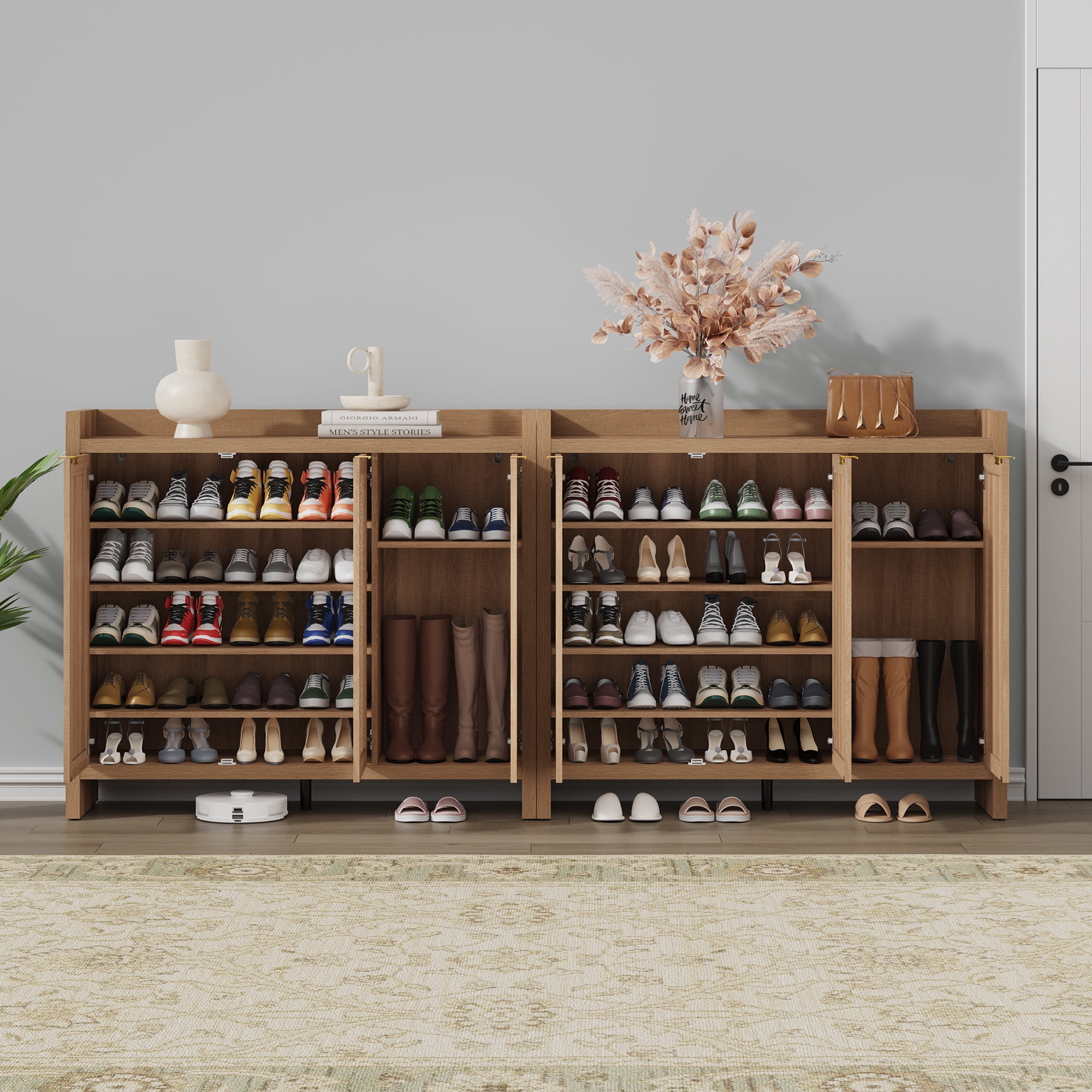 SICOTAS Shoe Storage Cabinet with 3 Doors & Shelves, 6-Tier Shoe Storage Organizer, Farmhouse Boho Engineered Wooden Shoe Rack Cabinet for Entryway Hallway Closet, Oak