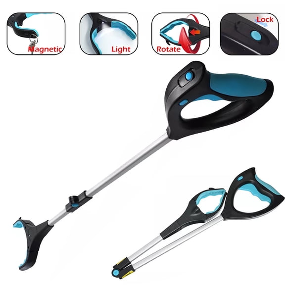 32" Foldable Grabber Reacher Tool with LED Light, Magnetic Tip & Rotating Jaw, Trash Claw Pickup Aid for Elderly