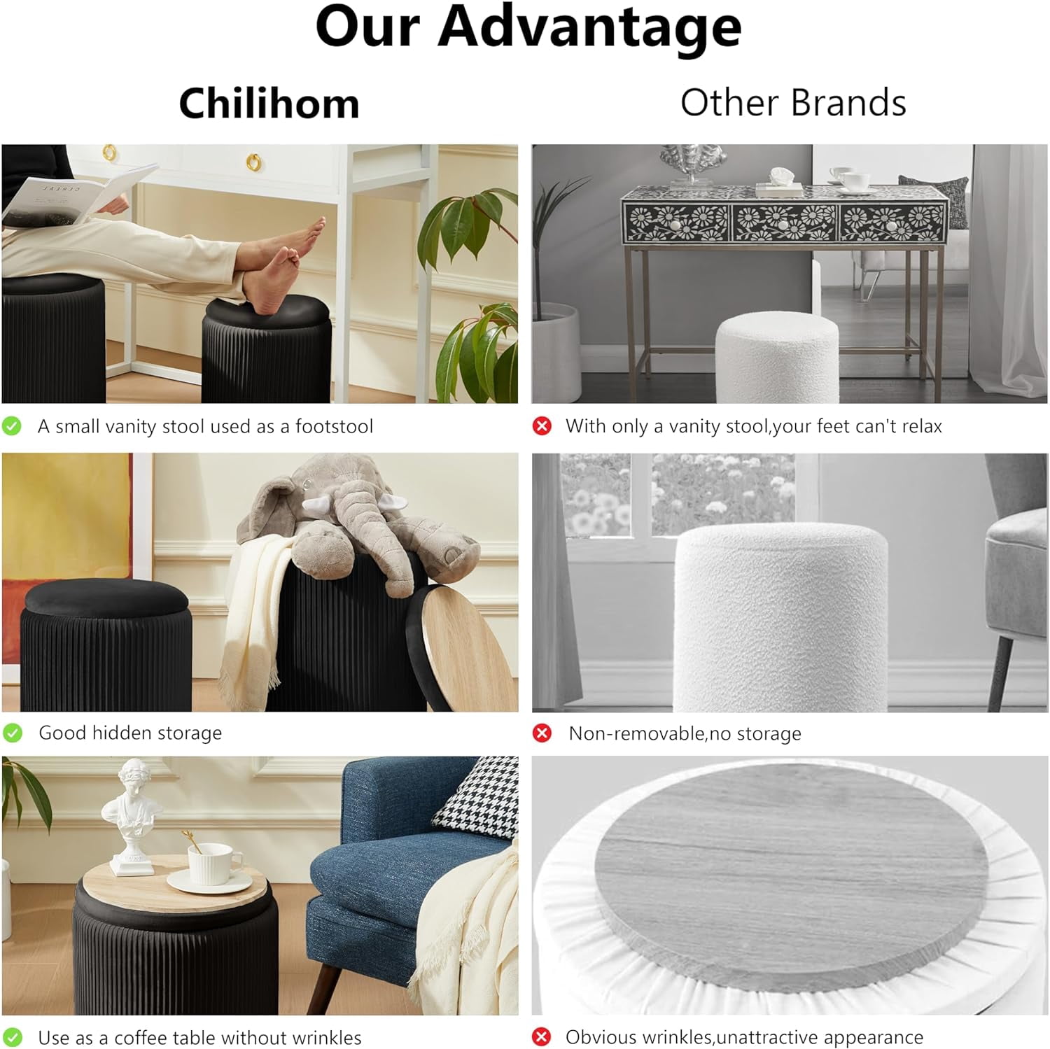 Round Ottoman with Storage Set of 2 Upholstered Velvet Vanity Stool for Makeup Lines Support 302lbs Ottomans Multifunctional Foot Rest Coffee Table Padded Seat for Living Room&Bedroom