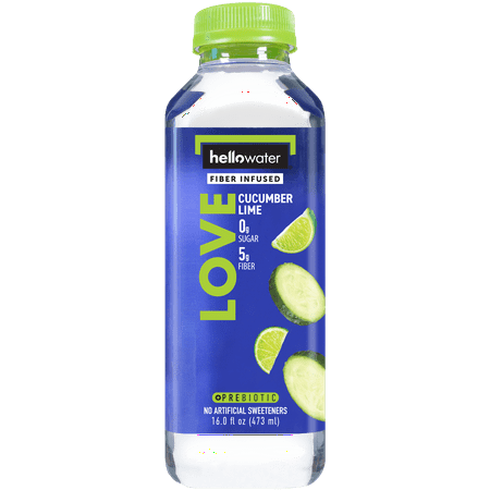 Hellowater LOVE, Cucumber Lime Flavored, Prebiotic Fiber Infused Water, Zero Sugar, Zero Net Carbs, 16 Fl Oz bottles, Casepack of