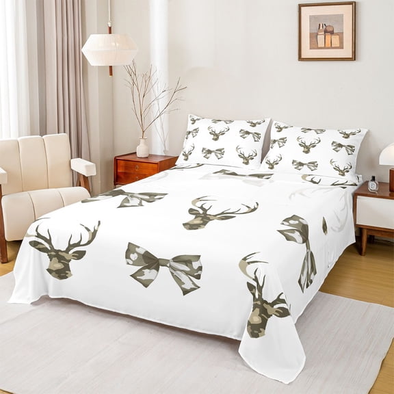 Feelyou Rustic Deer Moose Bed Sheets, Fashion Bowknot Ribbon King Sheets, 4pcs
