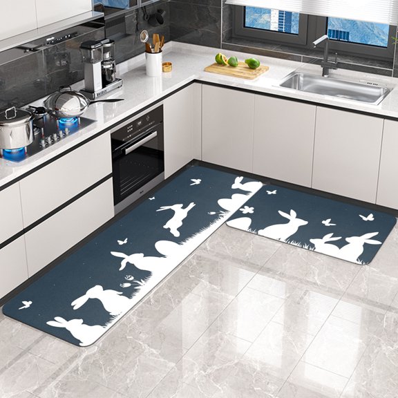 SDJMa Easter Kitchen Rugs and Mats Set of 2, Non-Slip Washable Bunny Silhouette Floor Mat for Spring Farmhouse Home Kitchen Decorations, 16x24 Inch 16x47 inch