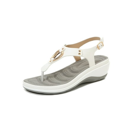 

Lacyhop Womens Thong Sandal Beach Wedge Sandals Buckle Casual Shoes Summer Anti-Slip Platform Shoe Lightweight T-strap White 7.5