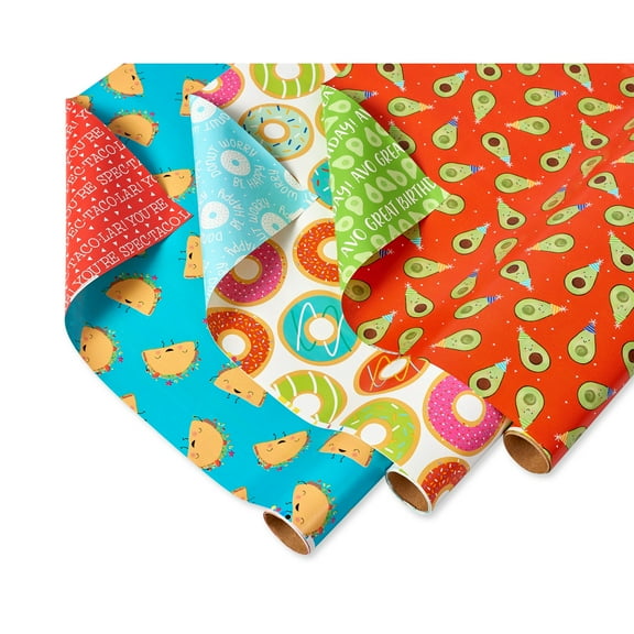 American Greetings Reversible All Occasion and Birthday Wrapping Paper, Punny Food (3 Rolls, 120 sq. ft.)